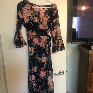 Navy blue and pink floral wrap dress